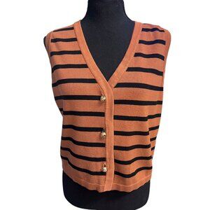 Striped V-Neck Cardigan Vest Women Medium Gold Buttons In Rust & Black FISHERMAN